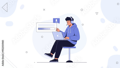 Young man with headphones using laptop for online work or study, progress bar on screen