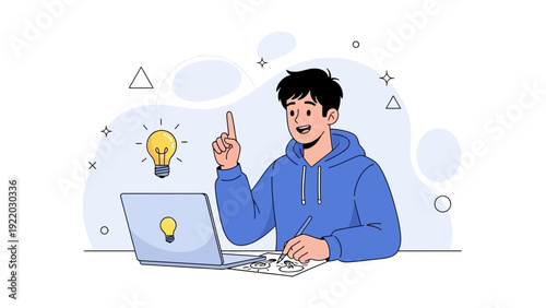 Young man with idea, working on laptop, inspiration, creativity, innovation, learning