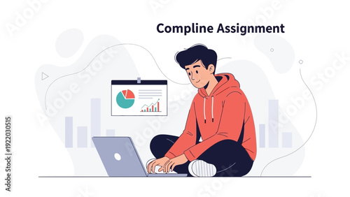 Young man working on laptop, completing assignment, data analysis, modern illustration