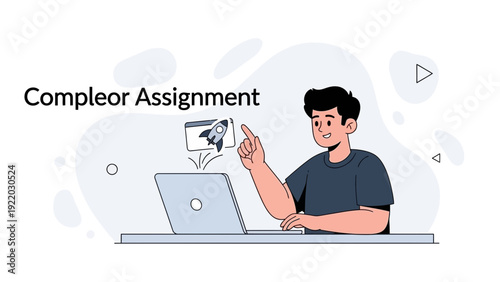 Young man working on laptop, launching startup project with rocket icon