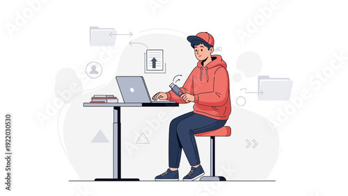 Young man working on laptop, online communication, digital data transfer, remote work concept