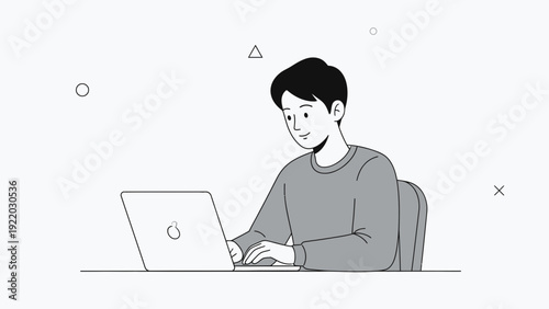 Young man working on laptop, simple illustration, studying, remote work, online learning