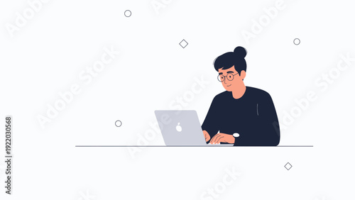 Young person with glasses working on a laptop, minimalist flat illustration