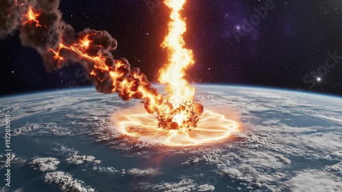 Fiery Meteor Impacting Earth with Massive Explosion From Space 3D Render