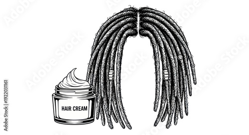 Dreadlocks Hair Care: Jar of Hair Cream Next to Natural Dreadlocks Illustration