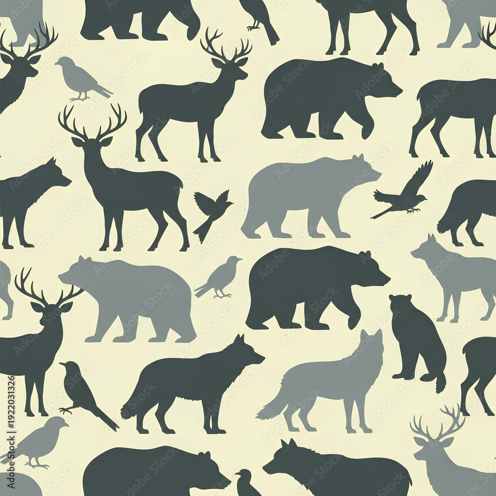 Fototapeta premium Seamless Pattern of Forest Animals and Birds Silhouette.
