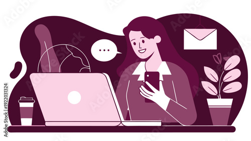 A professional woman works at a desk, typing on a laptop and holding a phone, with chat and mail icons.