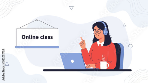 Young woman attending online class with laptop and headphones, e-learning concept