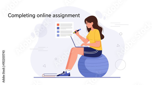 Young Woman Completing Online Assignment on Fitness Ball with Laptop