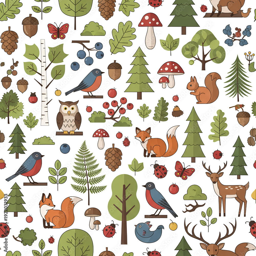 Fototapeta premium Seamless Pattern of Forest Animals and Plants in a Whimsical Style 1.