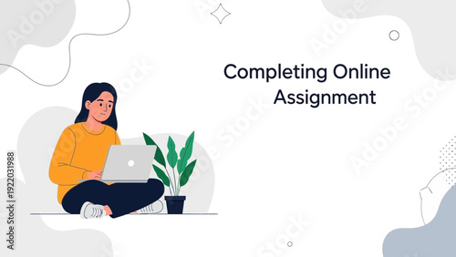 Young Woman Completing Online Assignment on Laptop, Studying Remotely