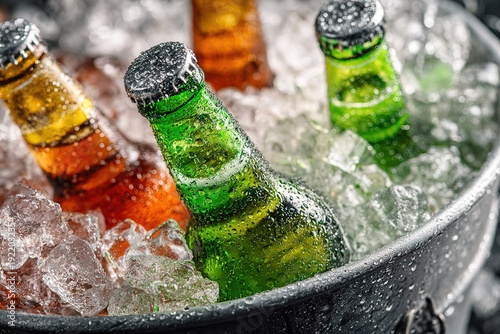 Closeup of beer bottles in an ice bucket outdoors at a party on hos summer day