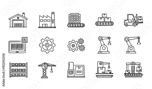 Monoline Industrial Icons Vector Set Warehouse, Factory, Conveyor, Forklift, and Gear Outline