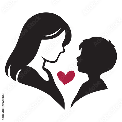 Simple black silhouette icon of a loving mother and her son looking at each other with a heart between them, symbolizing maternal care, family bonding, and Mother's Day love. Adobe Illustrator Artwork