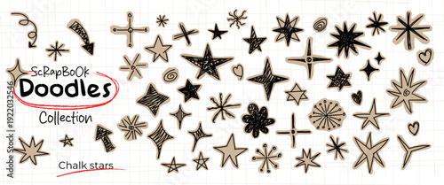 Large collection of hand drawn star doodles in scrapbook style with sketchy black outlines and beige paper cut effect on grid background ideal for creative decoration stickers and design elements.