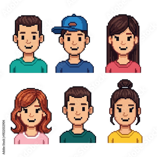 Pixelated cartoon group portrait of six diverse people characters arranged in two rows on a white backdrop, viewed straight on
