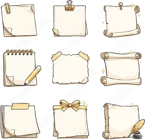 Collection of vintage scrolls and papers with quill and inkwell on white background, viewed from directly above, showcasing various designs and layouts.