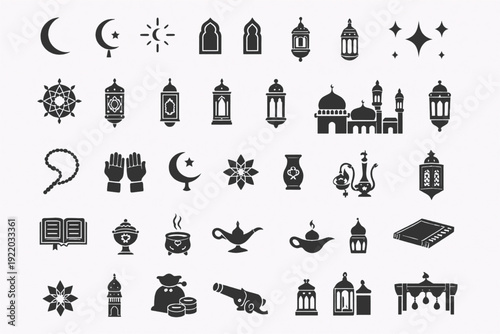 Ramadan islamic icon set, crescent moon quran mosque lantern kaaba prayer mat iftar eid black silhouette vector design illustration symbols for ramazan, eid al fitr, eid al adha celebration
