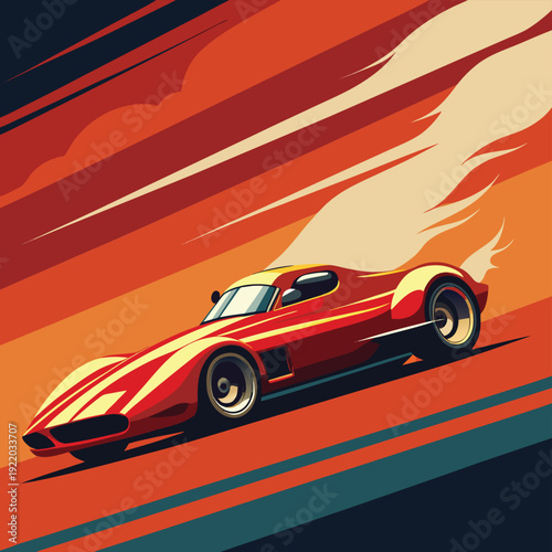 Aggressive red race car blurring past with vibrant flames and smoke, symbolizing extreme speed and competitive spirit, vector art.
