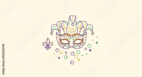 Mardi gras mask with colorful beads and fleur de lis on cream background