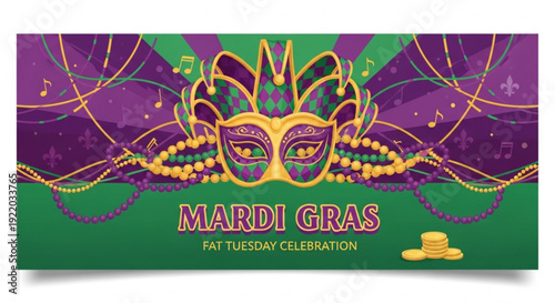 Vibrant mardi gras banner with colorful mask and beads on purple green background