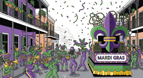 Mardi gras parade with colorful floats and people in purple green and gold costumes dancing