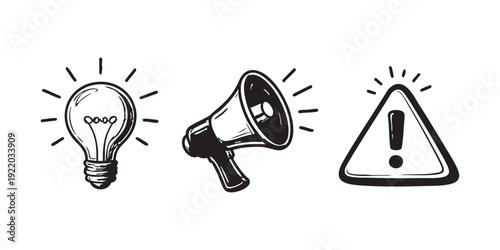 Set of Hand Drawn Line Icons: Idea, Announcement and Warning. Black and white vector illustration. Symbols collection. Sketch. attention

