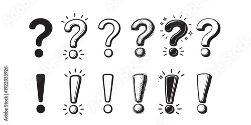 set of exclamation mark and question mark in different styles. vector black and white illustration. signs and symbols. attention. icon collection. 3D