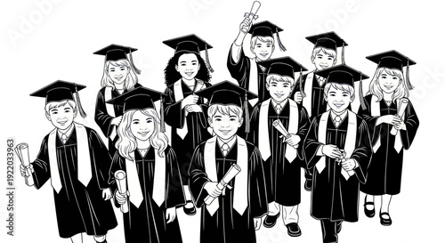 Diverse group of smiling children in graduation gowns and caps holding diplomas