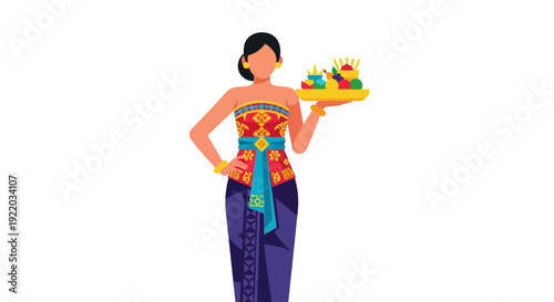 Woman in Traditional Attire Offering a Tray of Offerings