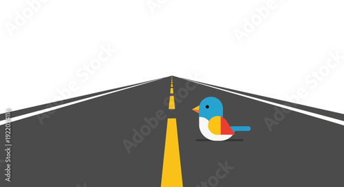 Colorful cartoon bird sitting on a straight road, illustrating a moment of pause or the start of a journey