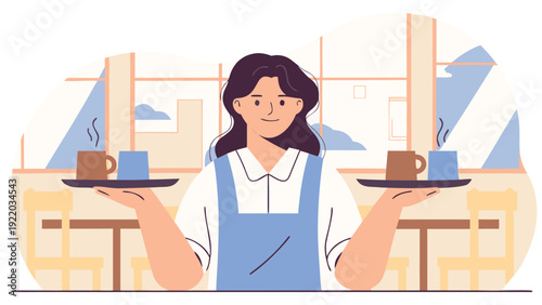 A friendly waitress with dark hair smiles, holding two trays with coffee cups in a cafe.