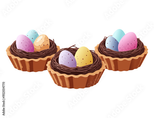 Easter Egg Nest Tart Vector Set – Spring Dessert Illustration with Chocolate Nest Pastries and Candy Eggs