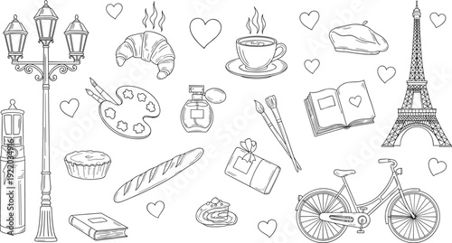 Paris themed hand drawn doodle collection with Eiffel Tower croissant coffee bicycle and romantic French lifestyle sketch illustration