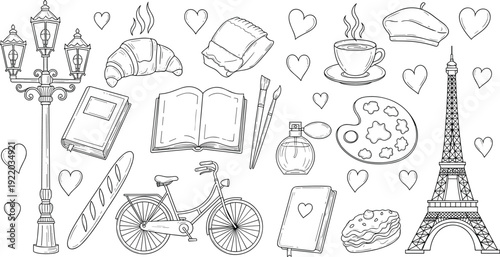 Paris travel doodle set with Eiffel Tower croissant coffee bicycle and romantic French icons hand drawn sketch illustration