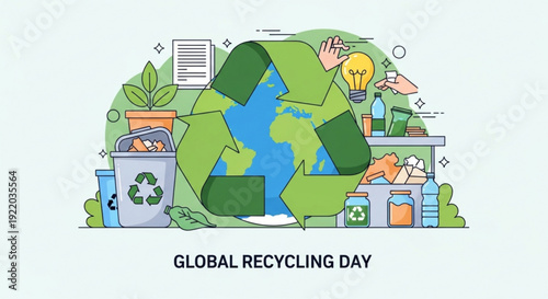 Earth surrounded by recycling symbols and eco friendly items on global recycling day