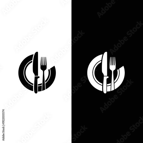 Monochromatic Plate with Cutlery Logo Design for Restaurant Branding.