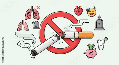 No smoking sign with cigarette and health icons on white background