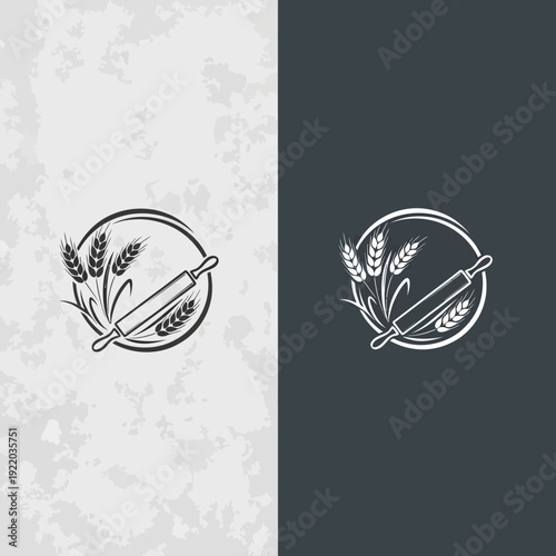 Bakery Logo Design with Rolling Pin and Wheat Stalks.