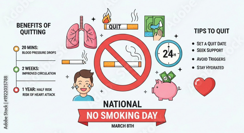 National no smoking day infographic with benefits and tips to quit smoking