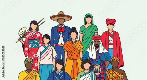 Diverse group of people wearing traditional clothing from around the world standing together