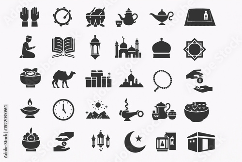 Elegant collection of Islamic Ramadan, Eid al Fitr, adha celebration icons featuring food lanterns mosque camel, sharing, charity, kaaba, quran and clock design