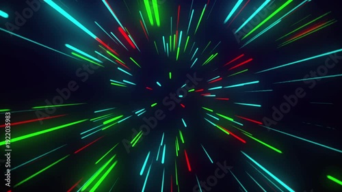 Abstract colorful neon light streaks zooming through dark space, digital art illustration