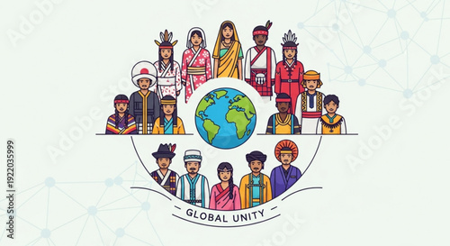 Diverse people from around the world standing together in global unity