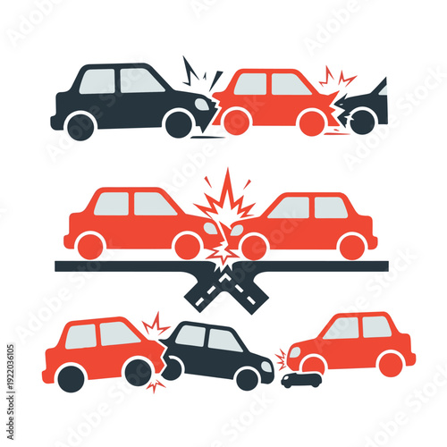 Car accidents depicted in various scenarios showcasing collisions and damage.