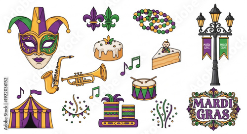 Mardi gras celebration icons with colorful masks music and festive food