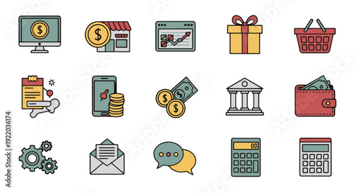 Collection of financial and business icons representing various aspects of commerce and transactions.