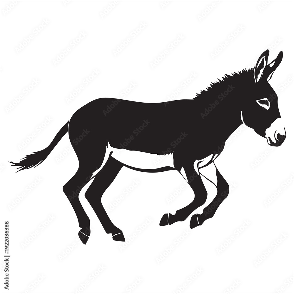 Fototapeta premium An energetic silhouette of a donkey in full stride, running and galloping, a clean white background Adobe Illustrator Artwork