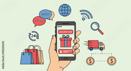 Smartphone Ecommerce Illustration Hand Holding Phone with Shopping Icons.