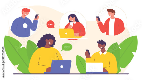 Group of diverse business people communicate using laptops and smartphones in a collaborative remote work setting.